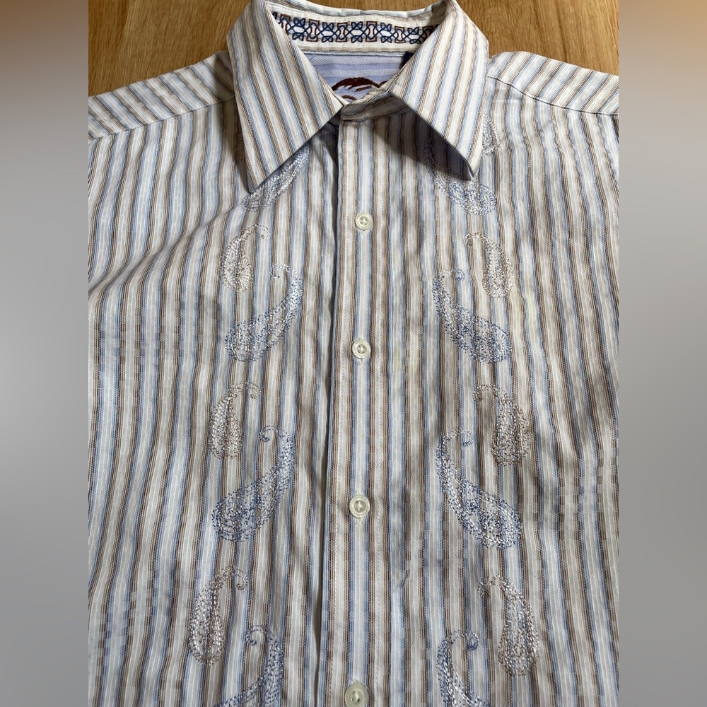 Robert Graham button down shirt stripes paisley design small blue white brown